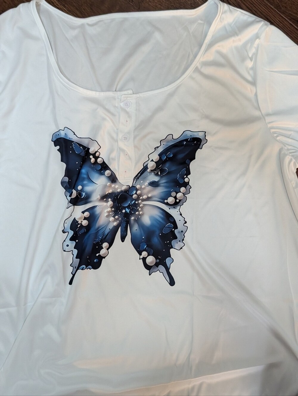 White Women's Butterfly Print Henley Top - Blue Butterfly Design